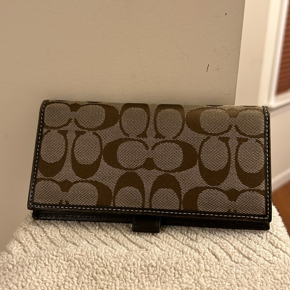Vintage Coach Brown Signature Checkbook Cover Leather Trim with Pen Loop EUC
